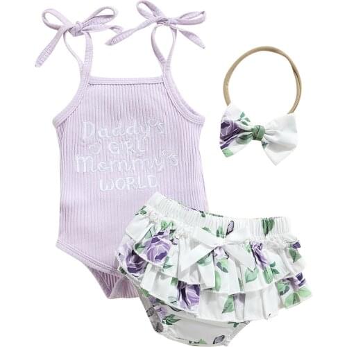 2021 Baby Girls 3Pcs Summer Outfits Sleeveless Self-Tie Strap Rib Knit Romper + Bloomer Shorts + Headband Set