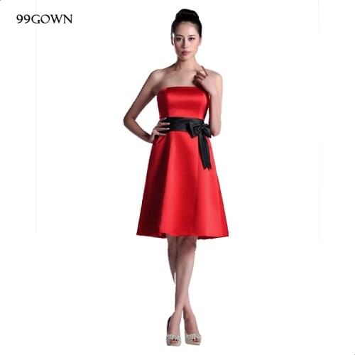 99GOWN 2021 Red Satin Women Wedding Party Dresses Strapless Sashes Mini Bridesmaid Dresses Wedding Guest Dress