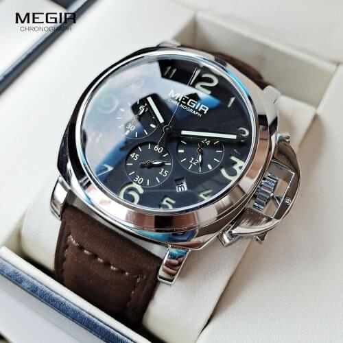 Megir Mens Chronograph Luminous Quartz Watches with Calendar Date Round Analog Military Leather Strap Wristwatch Man ML3406G