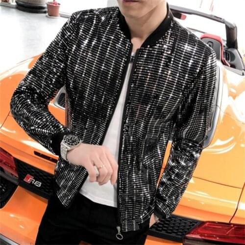 Nightclub shiny sequined jacket mens fashion stage costumes large size stand collar sun protection cloth korean style slim coat