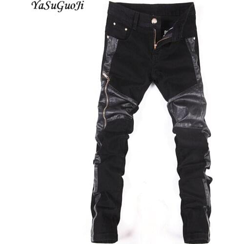 New 2018 punk style fashion one zipper design decoration pu leather patchwork skinny jeans men streetwear pants men PK6-7