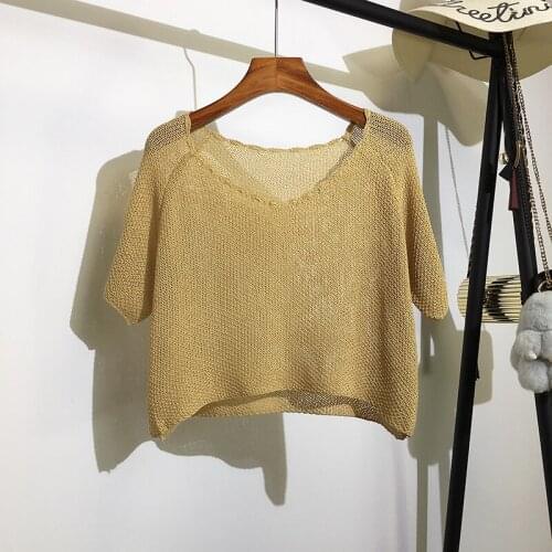 Lightweight Knitted Women T-Shirts Summer Vintage 2021 O-Neck Short Empired Solid Sexy Female Pulls Tops Tees