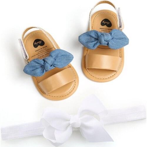 Newborn Baby Girls Cute Bow Sandals PU Princess Soft Bottom Shoes Toddler Sandals with White Pink Headband Two-piece Set Hot