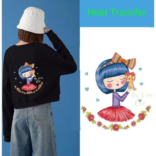 Fashion girl flower cat costume DIY creative heat transfer iron vinyl sticker on clothes for girl T-shirt Thermal Patches