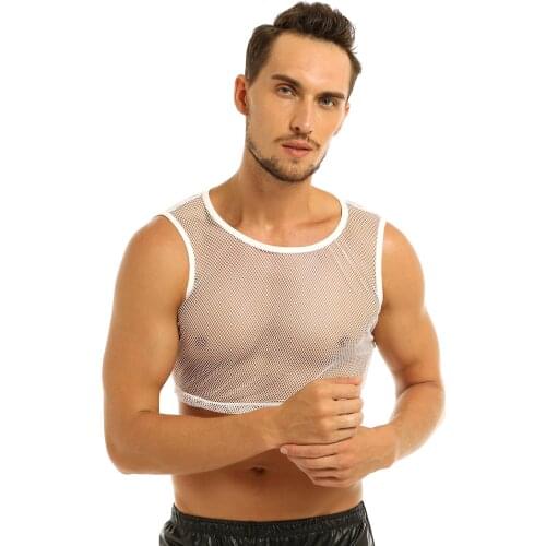 Gay Underwear Exotic Tanks Sissy Lingerie Men Sheer Top Sleeveless Mesh Transparent Fishnet Muscle Tank Top T-Shirt Club Costume