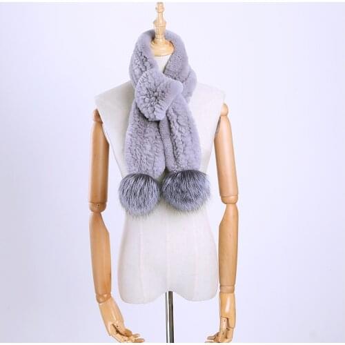 2020 New Real Rex Rabbit Fur Knitted Womens Winter Warm Scarf Scarves Wraps Russia Neck Warmer With Silver Fox Fur Pom Poms