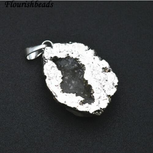 Silver Color Full Plating Natural White Druzy Geode Pendant