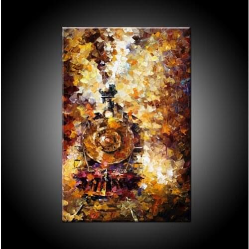 Superb Artist Pure Hand-painted Beautiful Golden Train Oil Painting For Wall Decorative Abstract Train Canvas Painting