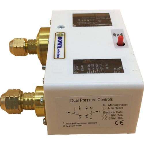 Manual High and auto Low dual pressure switch protects compressor and is great choice for refrigeration and freezer equipments