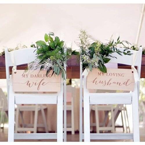 Wedding Chair Signs for Bride & Groom at Sweetheart Table, Wooden Rustic Signs Darling Wife Loving Husband Wood Chair Decor