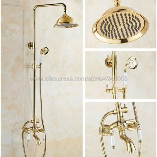 Solid Brass Double Handles Bathroom Mixer Tap Tub Swivel Spout Hand Shower Shower Faucet Gold Polished Kgf433