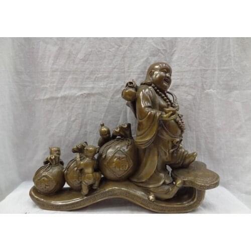 USPS to USA S1228 17" China Bronze 3 Kid Cai Fu Bag Wealth Happy Laughing Maitreya Buddha Statue