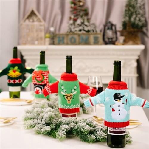 Knitted Christmas Wine Bottle Decorations New Year Xmas Family Dinner Party Santa Claus Wine Bottle Sweater Cover Bag