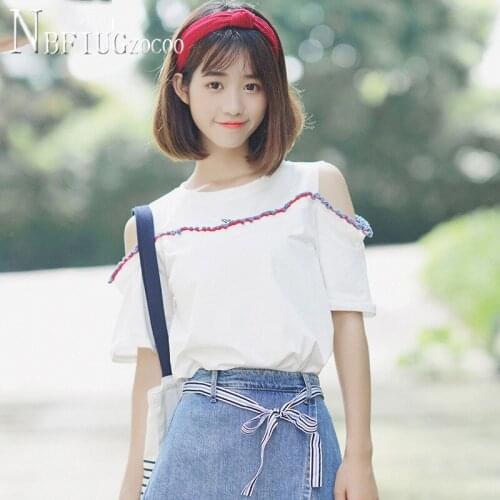 2020 Expose Shoulder Short Sleeve Women T Shirt Korean Loose Female Harajuku Tee Shirts