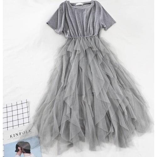 Sanishroly Women Summer Irregular Dress High Waist Lace Patchwork T-Shirt Dresses Female Short Sleeve Long Dress Vestidos SE555