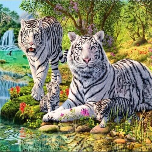 100% Full 5D Diy Daimond Painting "White Tiger Family" 3D Diamond Painting Round Rhinestones Diamant Painting Embroidery Animals
