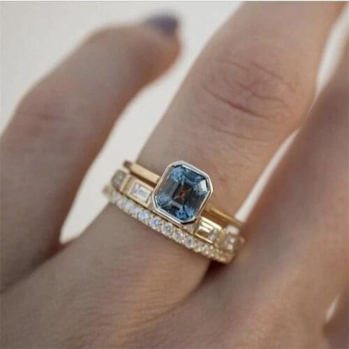 3pcs Acid Blue Crystal Rings for Women Fashion Yellow Gold Color Wedding Womens Ring Luxury Brand Jewelry Gifts Accessories