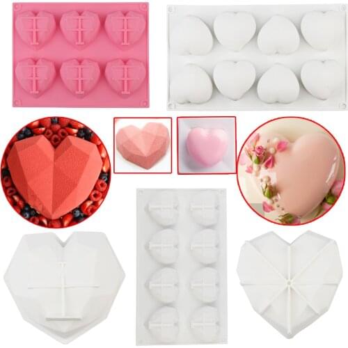 3D Diamond Love Heart Shape Mold Silicone Chocolate Cookie Muffin Baking Tool Sponge Mousse Dessert Cake Decorating 1/8 Cavity