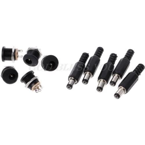 5 Pcs 5.5mm x 2.1mm Male DC Power Plug Connector+5 Pcs Screw Lock Female Panel Socket Mount Adapter Drop Shipping