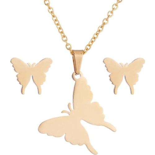 AsJerlya Fashion Animal Jewelry Set Stainless Steel Butterfly Necklace Stud Earrings For Women Gold Color Jewelry Collar Choker
