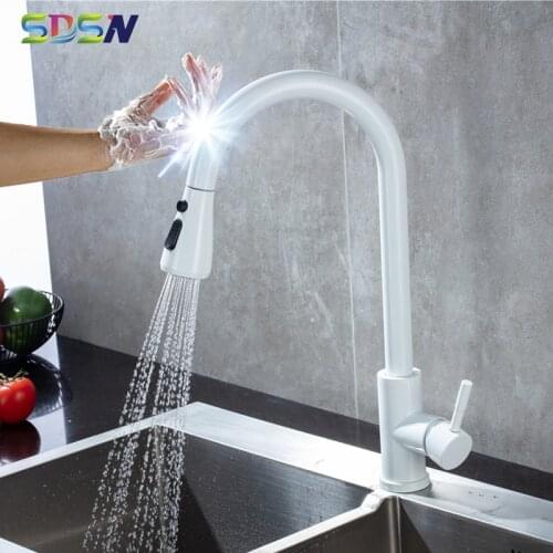 White Touch Kitchen Faucet SDSN Pull Out Kitchen Sink Faucet Handfree Sensor Kitchen Tap Stainless Steel Touch Kitchen Faucets