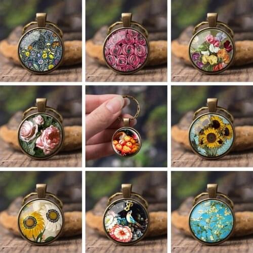 2019 Van Gogh Sunflower Oil Painting Key Chains Art Scenery Photo Keyring Glass Cabochon Handmade Car Bag Keychian Jewelry