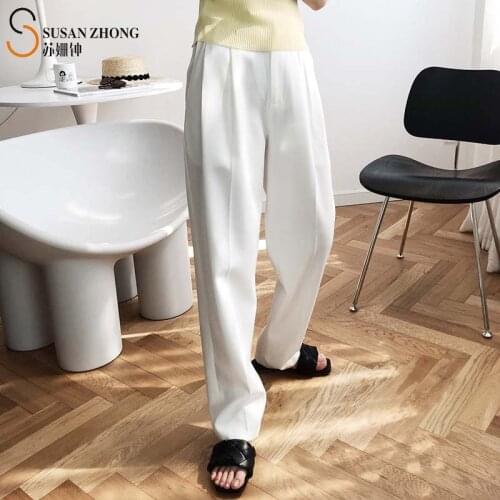 Women Summer Trousers Female Pants Straight Long Zipper Fly Pockets Loose Poplin Elegant Office Korean Fashion Pink White Modern