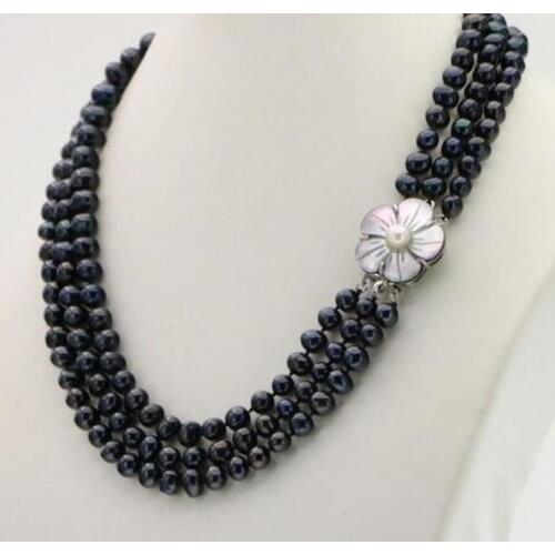 3 Row 7-8mm White Freshwater Pearl Necklace Chain Floral Buttons Jewelery Women Girl Banquet 17-19 Inch