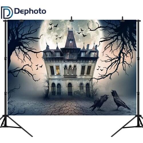 Dephoto Seamless Photography Backdrop Halloween Horror House Night Moon Crow Background Photobooth Photocall Customize Decoratio