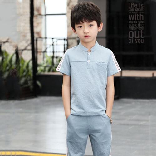 Kids boys 2pcs suits cotton solid color T-shirt new summer pants big virgin suit