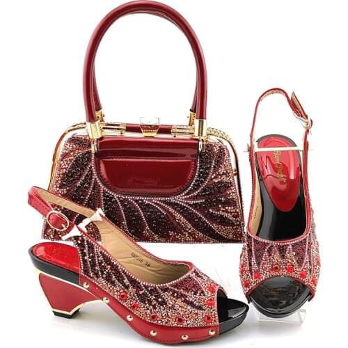 Doershow fashion lady Shoes and Bag Set Italy wine Color Italian Shoes with Matching Bag Set Decorated with Rhineston! SUY1-26