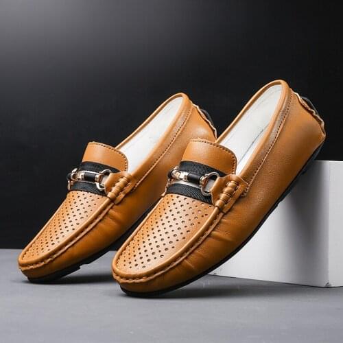 Genuine Leather Loafers Man Hollow Out Mens Leather Shoes Luxury Moccasin Plus Large Size Driving Shoes Summer Sneakers Yellow