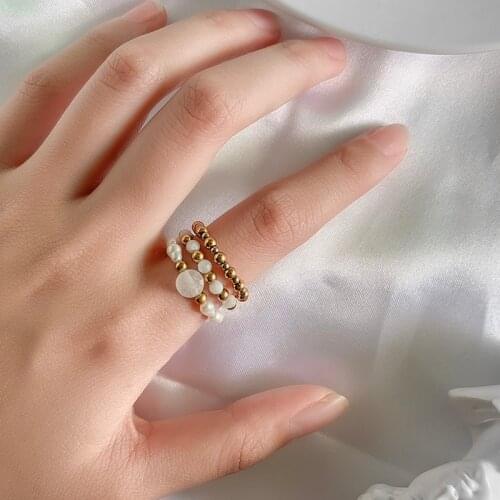 Momiji Handmake Natural Stone Ring Set Freshwater Pearl Stainless Steel Bead Wild Korean Elastic Jewelry Rings Wholesale