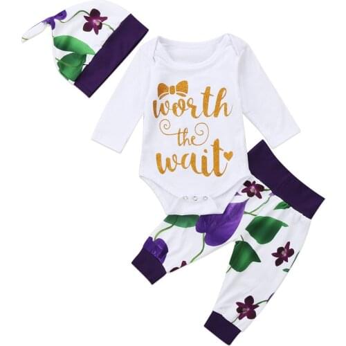 2020 New Fall Autumn Infant Baby Girls 3Pcs Set Long Sleeve WORTH THE WAIT Letter Print Bodysuit+Floral Print Trousers+Hat