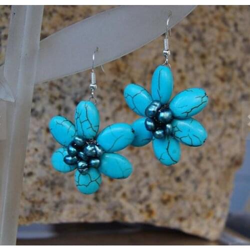 New Arrival Favorite Pearl Earrings Turquoise Jewelry Blue Handmade Flower Turquoises Bubble Silver Dangle Earring Women Gift
