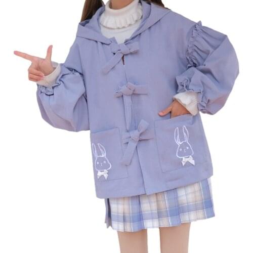 Autumn Japanese Lolita Kawaii Coats Girls Cute Rabbit Cartoon JK Hooded Jacket Women Winter Vintage Preppy Pink Thin Outerwear