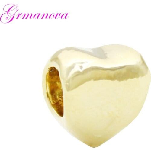 Valentines Day Mothers Day Gift Golden Glossy Heart Shaped Big Hole European Charm Fit Pandora Bracelet Womens DIY Jewelry