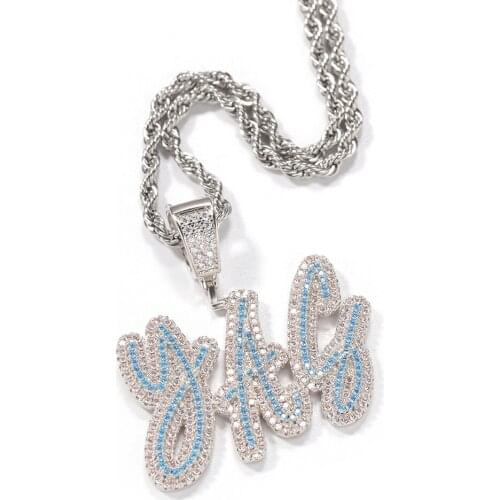 The Bling KIng Silver Color DIY Middle Blue Orange Stones Double Layer Brush Letters Name Pendant Personalised Gift Shinning