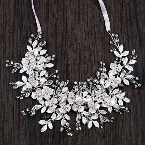 Silver Color Headbands with Ribbon for Women Girls Bling Rhinestone Flower Leaf Hairbands for Bridal Wedding Hair Accessories