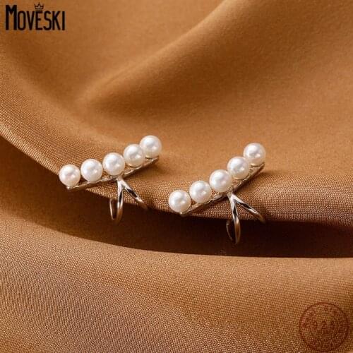 MOVESKI 925 Sterling Silver Pearl Ear Clip Women Korean Version Simple Fashion Party Jewelry Gift Pierced Earrings