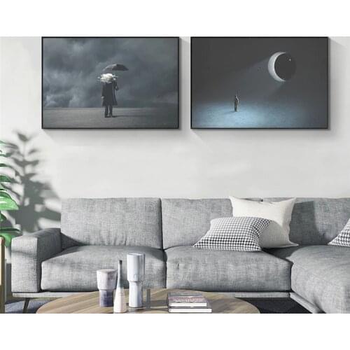 Modern Abstract Moon Clouds Canvas Art Painting Lonely Man at Night Wall Picture Poster Print Black White Living Room Home Decor