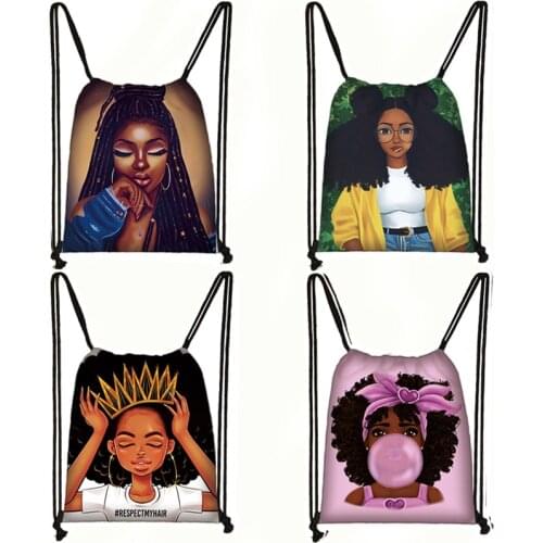 Afro Girls Print Drawstring Bag Women Travel Bag Teenager Brown Girl Backpack Fashion Storage Bags Ladies Shopping Bags