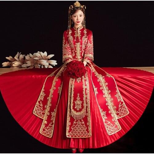 Chinese Style Wedding Clothing Marriage Set Bride Exquisite Embroidery Cheongsam Toast Clothing Oversize S-5XL