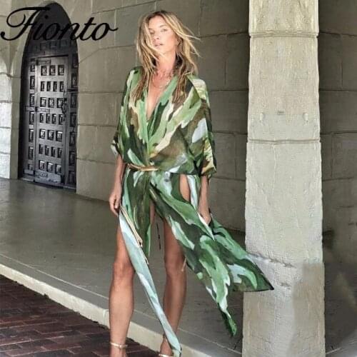 Women Summer Swimsuit Cover Up 2021 Boho Print Chiffon Tunic Sexy Bathing Suit Cover-ups Plus Size Beach Wear Kimono Dress