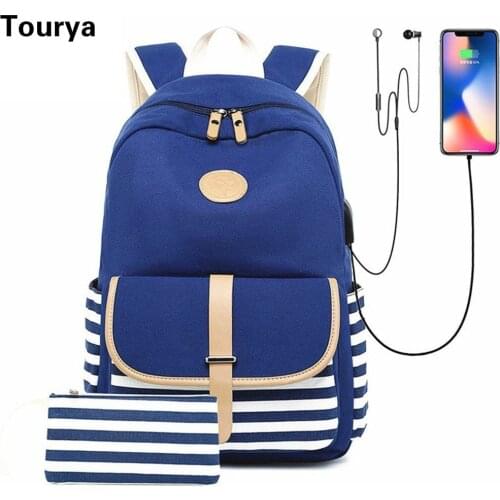 Tourya Fashion Canvas Women Backpack USB Charging Earphone Hole Large Capacity School Bags Laptop Travel Bagpack for Girls