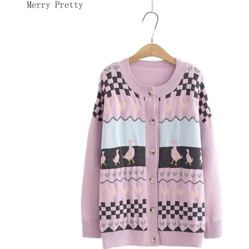 Women Cardigan Sweater Cartoon Embroidery Contrast Color O-Neck Female Knitted Jacquard Sweater Single Breasted Coat