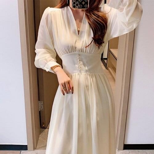 Solid Elegant Party Dress Office Lady Long Sleeve Korean Style Womens Clothing Autumn 2021 Women Designer Chiffon Midi Dress