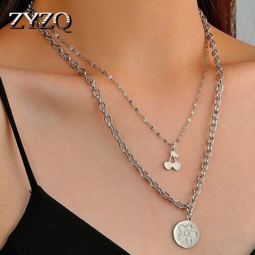 ZYZQ Korean Cherry Flower Double Layered Necklace For Women Simple Trend Clavicle Chain Creativity Jewelry Accessories