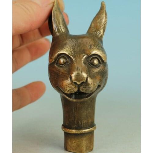 100% brass Pure Copper Brass Grandpa Good Lucky Chinese Old Handmade Carved Rabbit Collect Statue Walking Stick Head