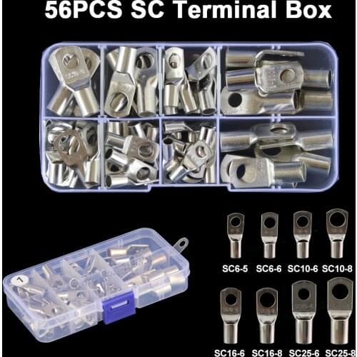 56pcs/box Bolt Hole Tinned Copper Cable lugs Battery Terminals Kits Assortment Set 6mm2 10mm2 16mm2 25mm2 SC6-6 SC10-6 SC25-6